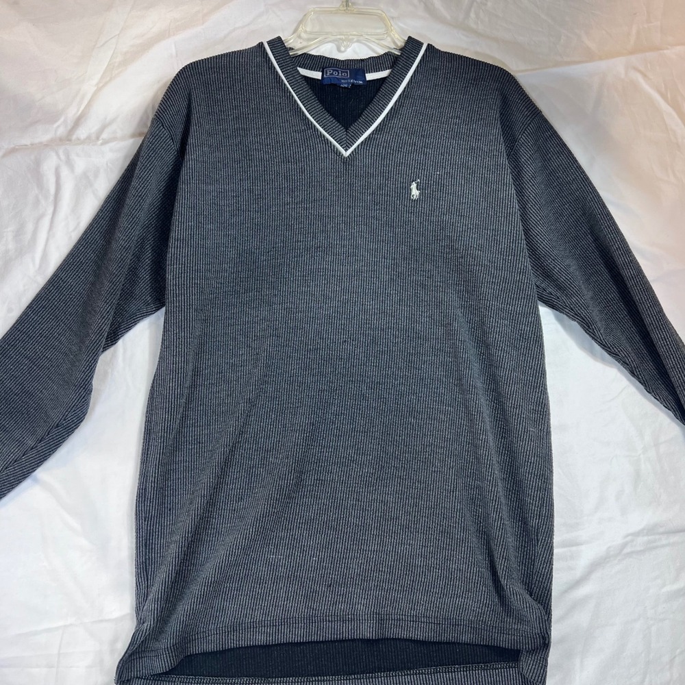 Polo Ralph Lauren Mens V-Neck Thermal Shirt Gray Striped Waffle Knit Long Sleeve